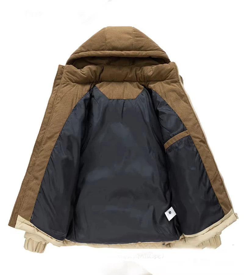Herren-Polyester-Steppjacke – Kapuze aus Cord und Reißverschluss
