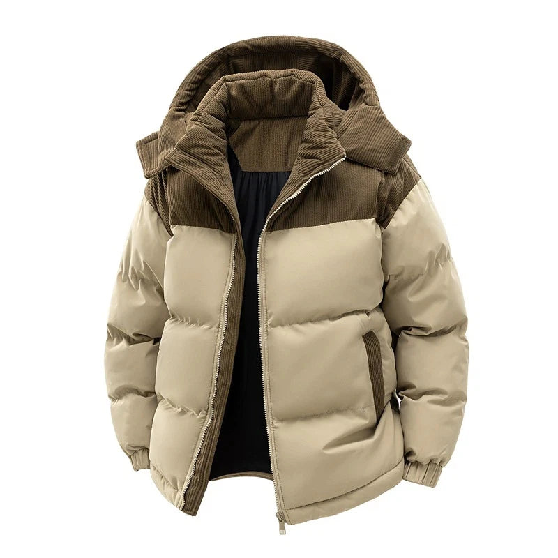 Herren-Polyester-Steppjacke – Kapuze aus Cord und Reißverschluss