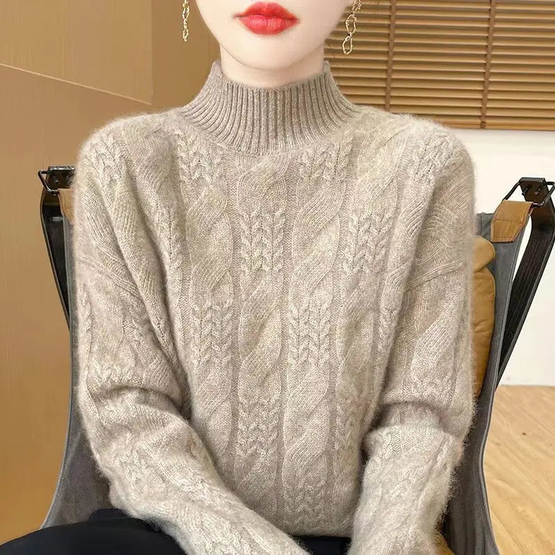 Maglione da donna in cashmere – Maglia a trecce e collo a mezza altezza senza tempo