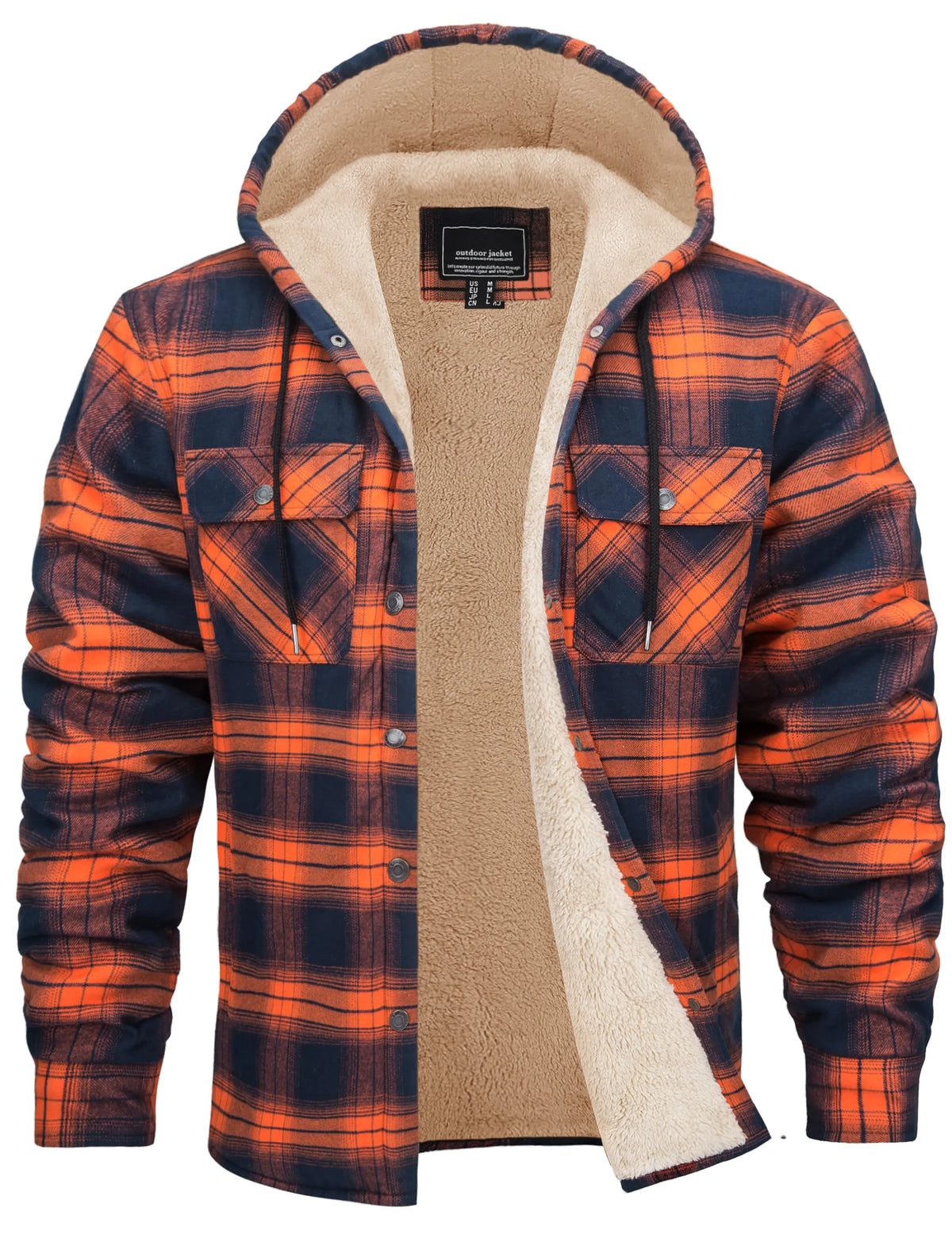 Chaqueta de franela de algodón para hombre - capucha forrada de sherpa y cuadros