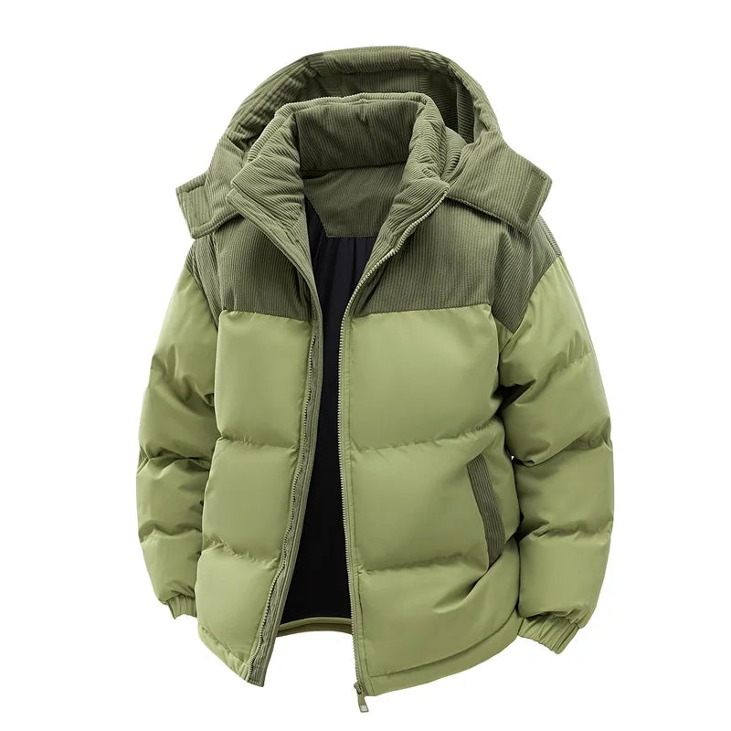 Herren-Polyester-Steppjacke – Kapuze aus Cord und Reißverschluss