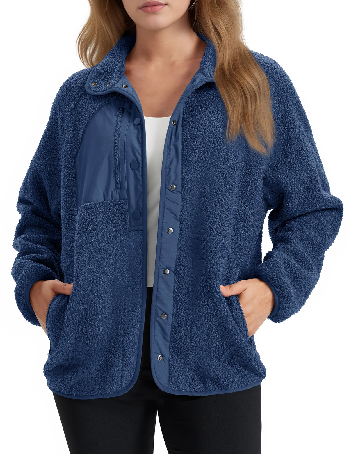 Women's Sherpa Fleece Jacket - Fold-Down Collar and Buttoned Side Pockets