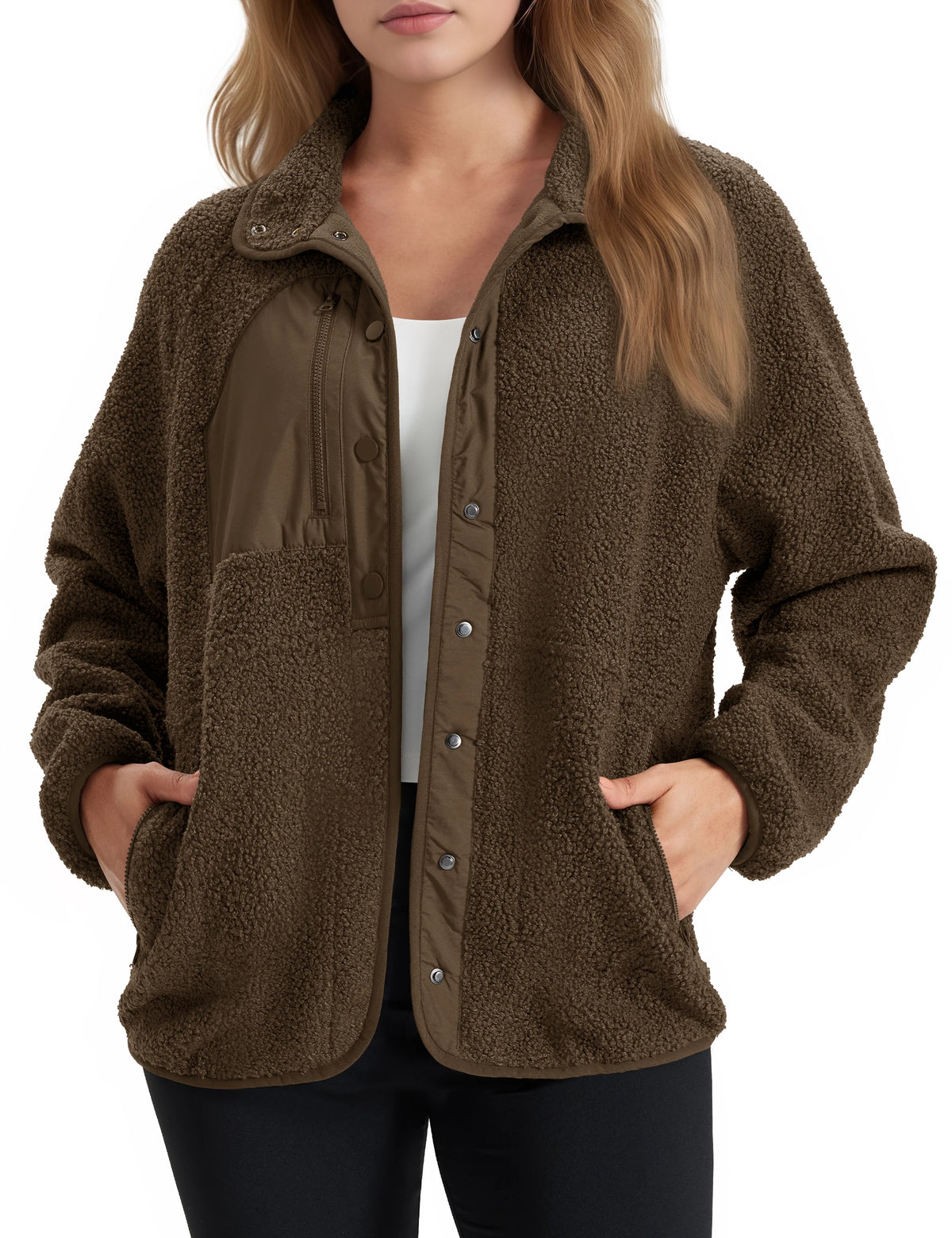 Women's Sherpa Fleece Jacket - Fold-Down Collar and Buttoned Side Pockets