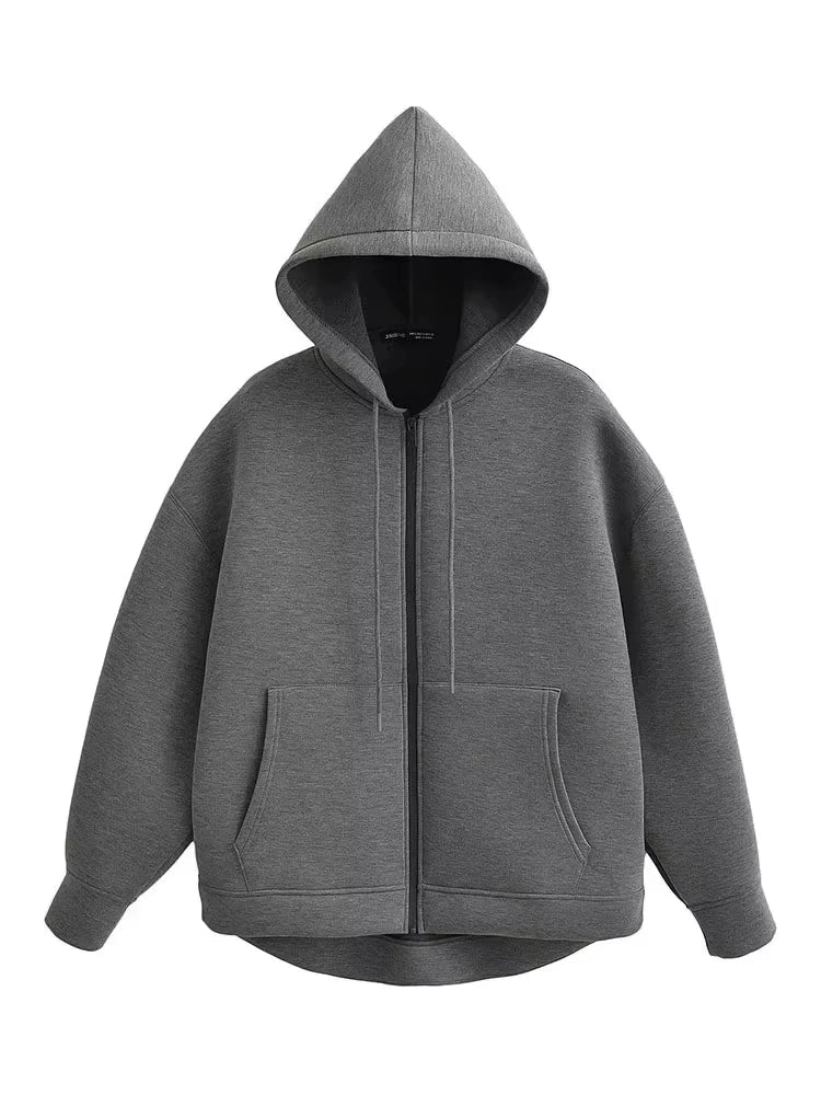 Damen-Polyester-Sweatshirt mit Reißverschluss – Doppelte Taschen und lässiger Oversize-Schnitt