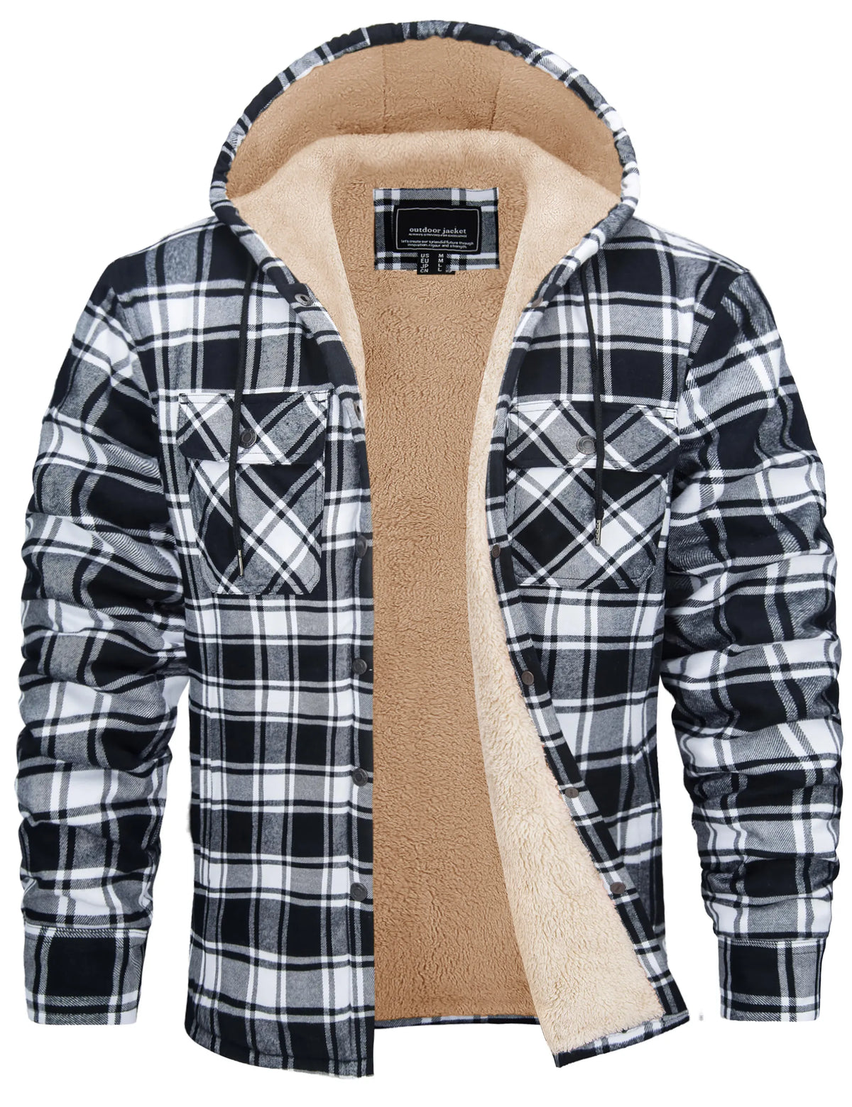 Chaqueta de franela de algodón para hombre - capucha forrada de sherpa y cuadros
