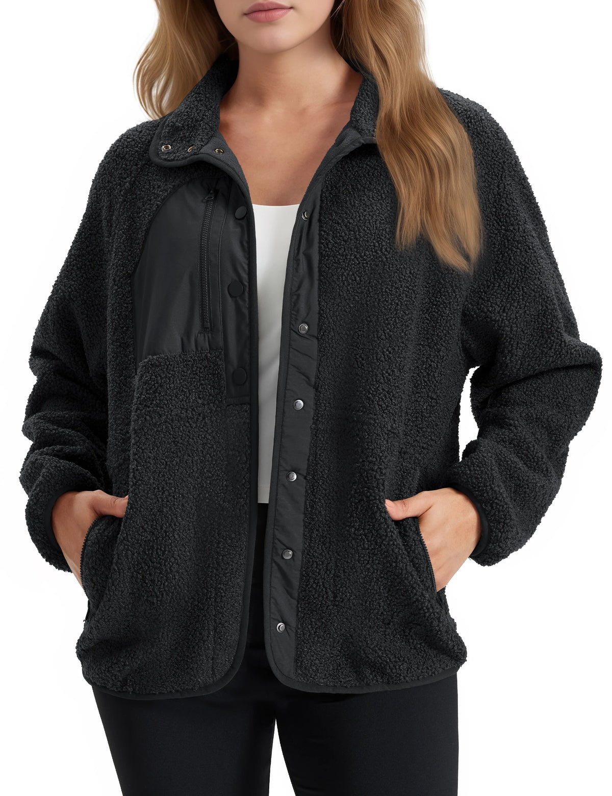 Women's Sherpa Fleece Jacket - Fold-Down Collar and Buttoned Side Pockets