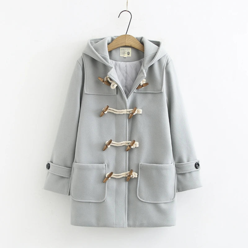 Montgomery da donna in poliestere – cappuccio e bottoni effetto corno, vestibilità ampia