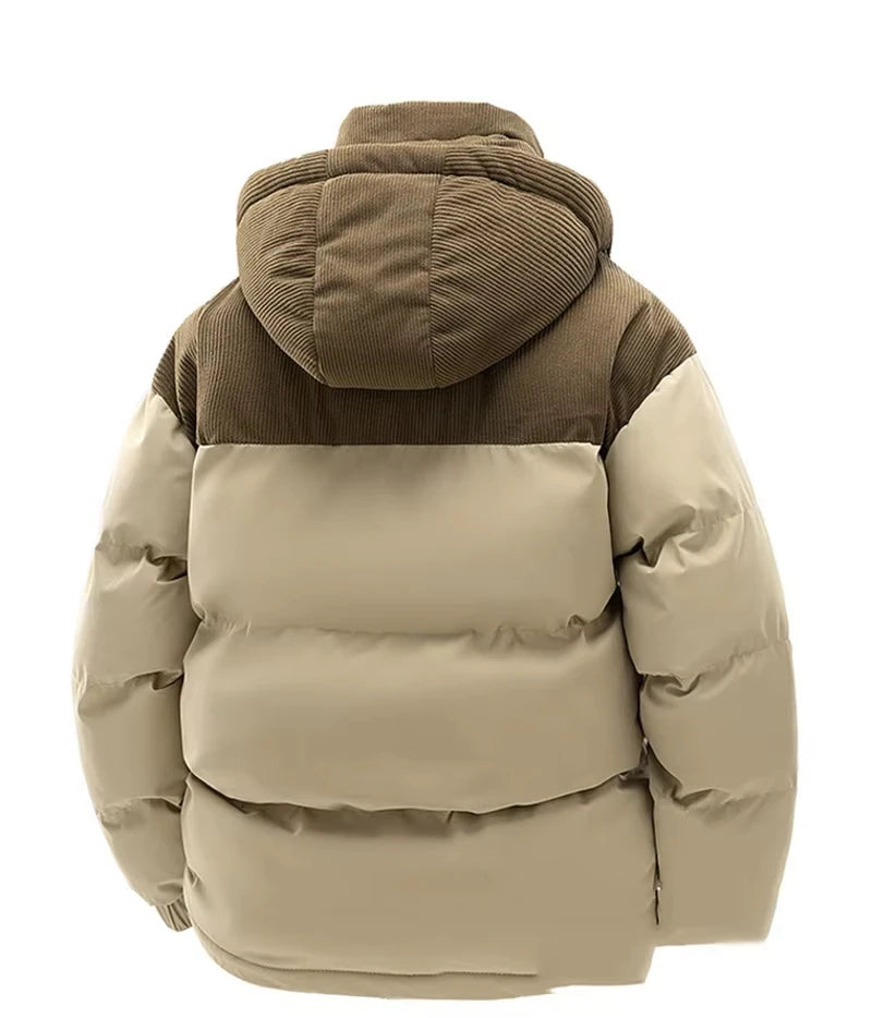 Herren-Polyester-Steppjacke – Kapuze aus Cord und Reißverschluss