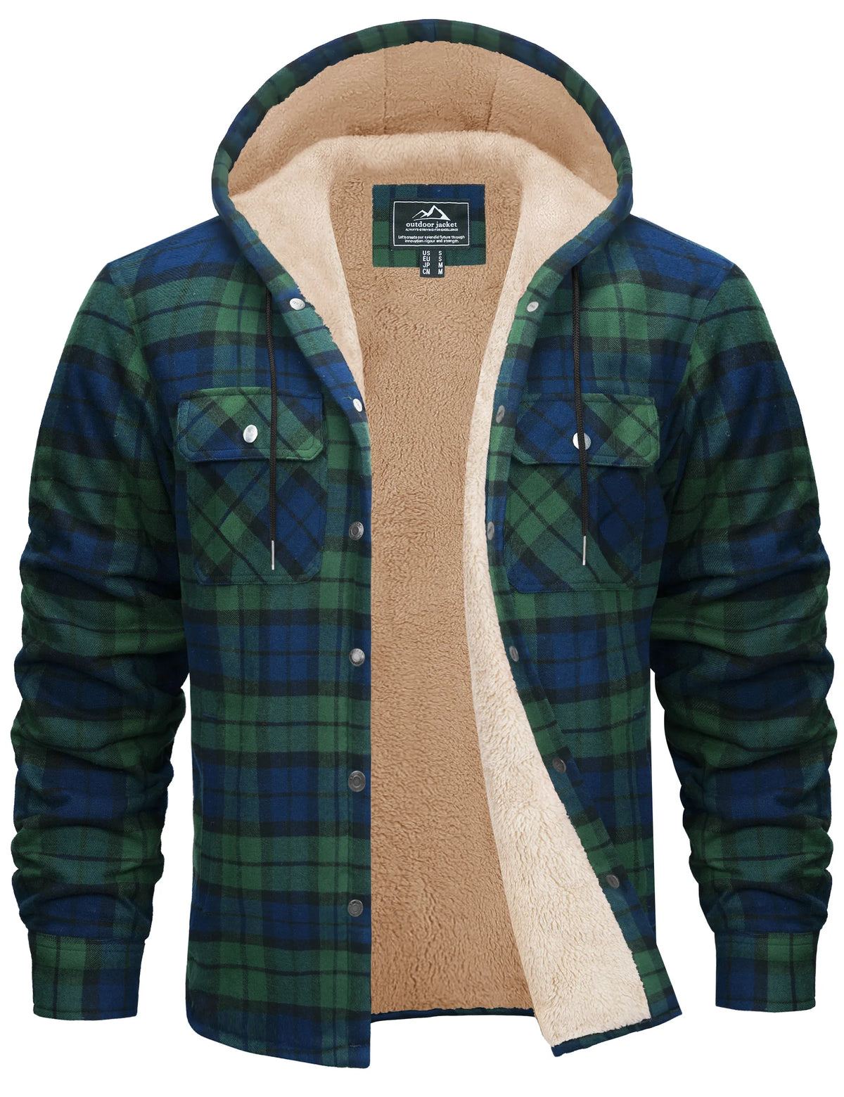 Chaqueta de franela de algodón para hombre - capucha forrada de sherpa y cuadros