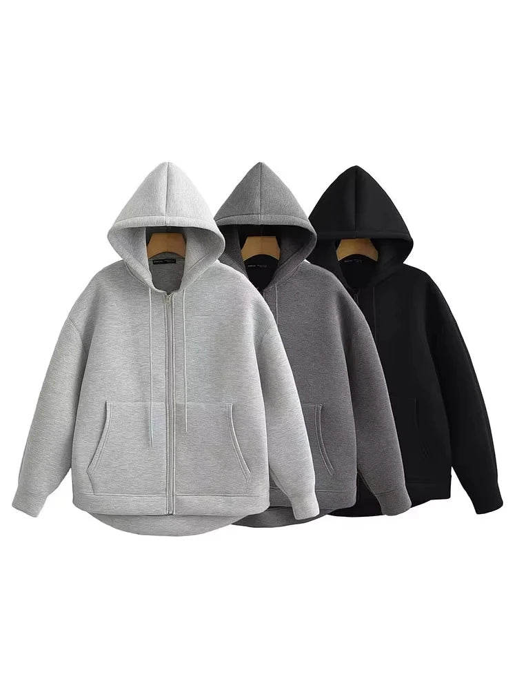 Damen-Polyester-Sweatshirt mit Reißverschluss – Doppelte Taschen und lässiger Oversize-Schnitt