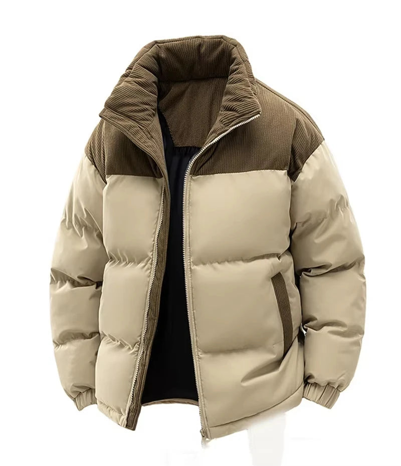 Herren-Polyester-Steppjacke – Kapuze aus Cord und Reißverschluss
