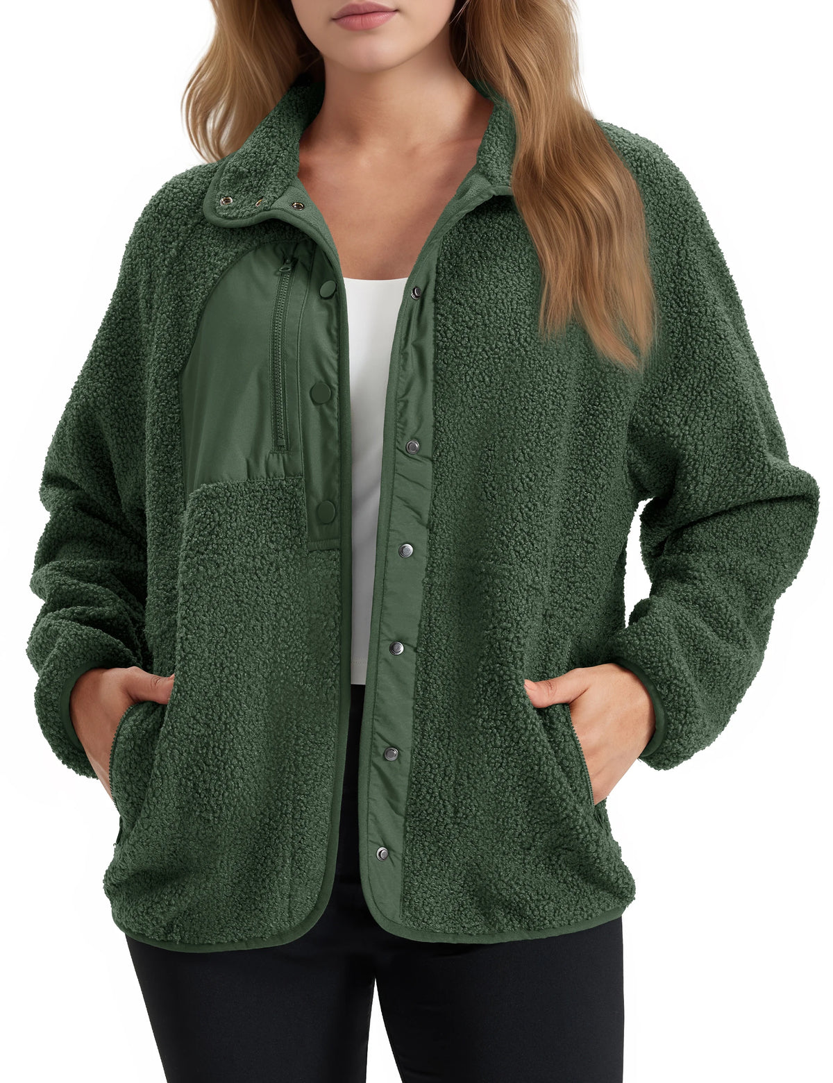Women's Sherpa Fleece Jacket - Fold-Down Collar and Buttoned Side Pockets