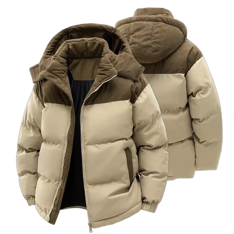 Herren-Polyester-Steppjacke – Kapuze aus Cord und Reißverschluss