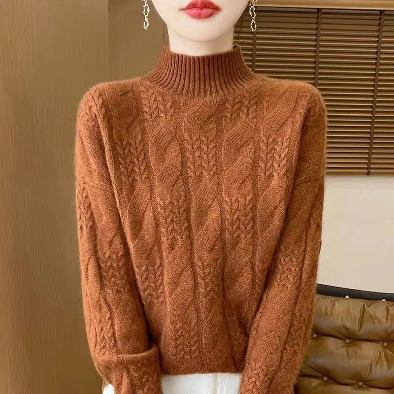 Maglione da donna in cashmere – Maglia a trecce e collo a mezza altezza senza tempo