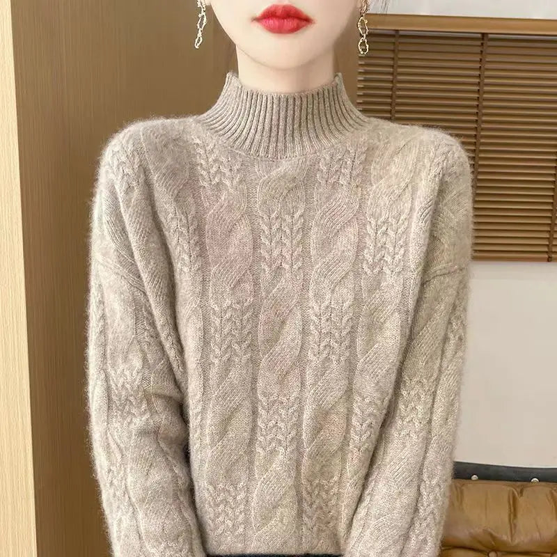 Maglione da donna in cashmere – Maglia a trecce e collo a mezza altezza senza tempo