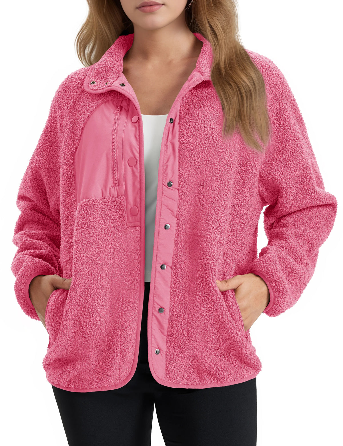 Women's Sherpa Fleece Jacket - Fold-Down Collar and Buttoned Side Pockets
