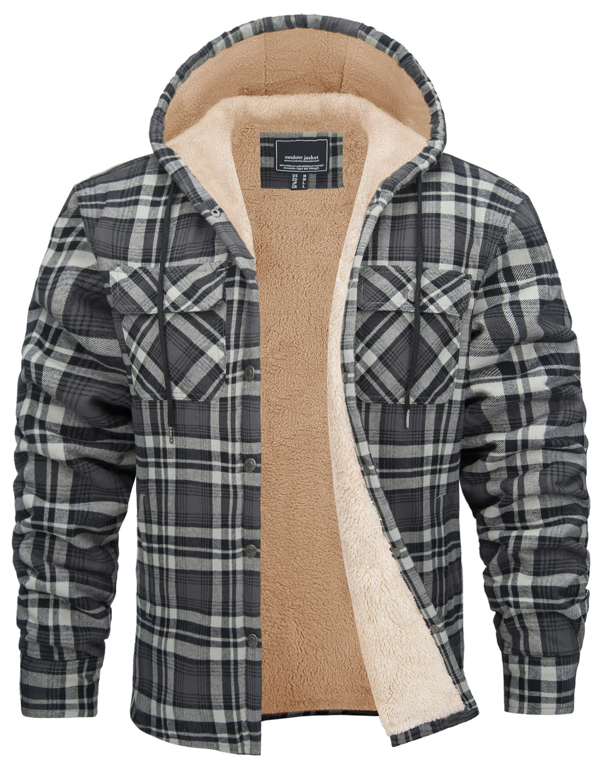 Chaqueta de franela de algodón para hombre - capucha forrada de sherpa y cuadros