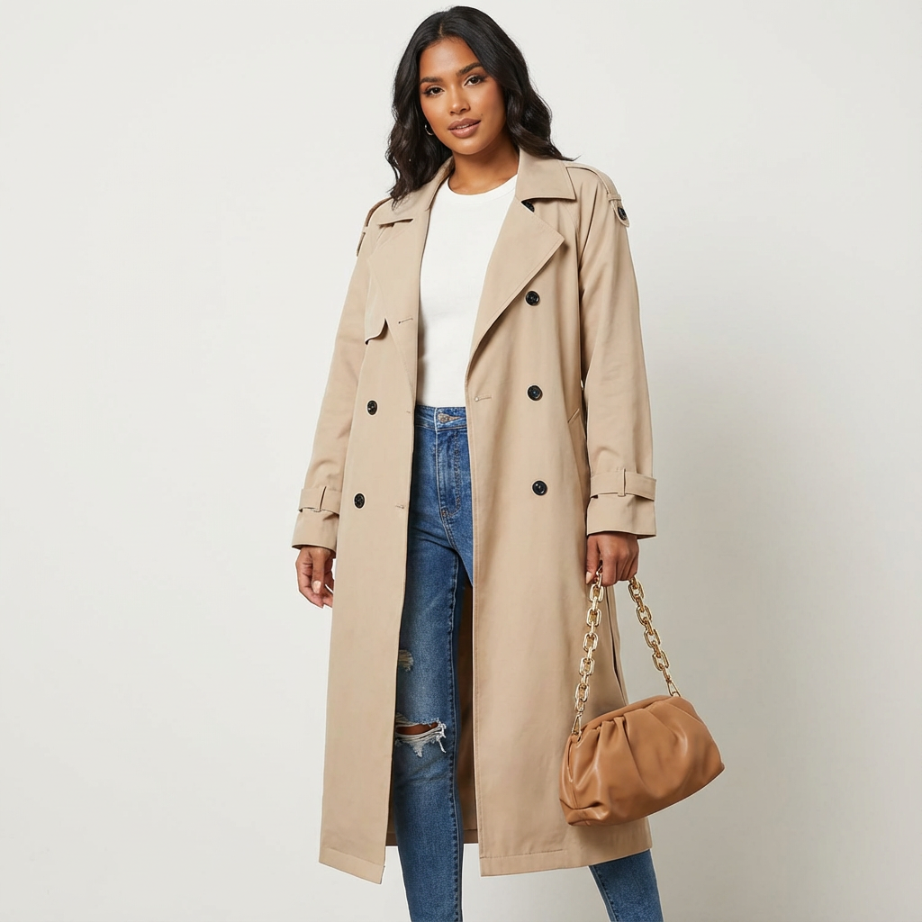 Women's Trench Coat – Notched Collar, Double-Breasted, Long Silhouette