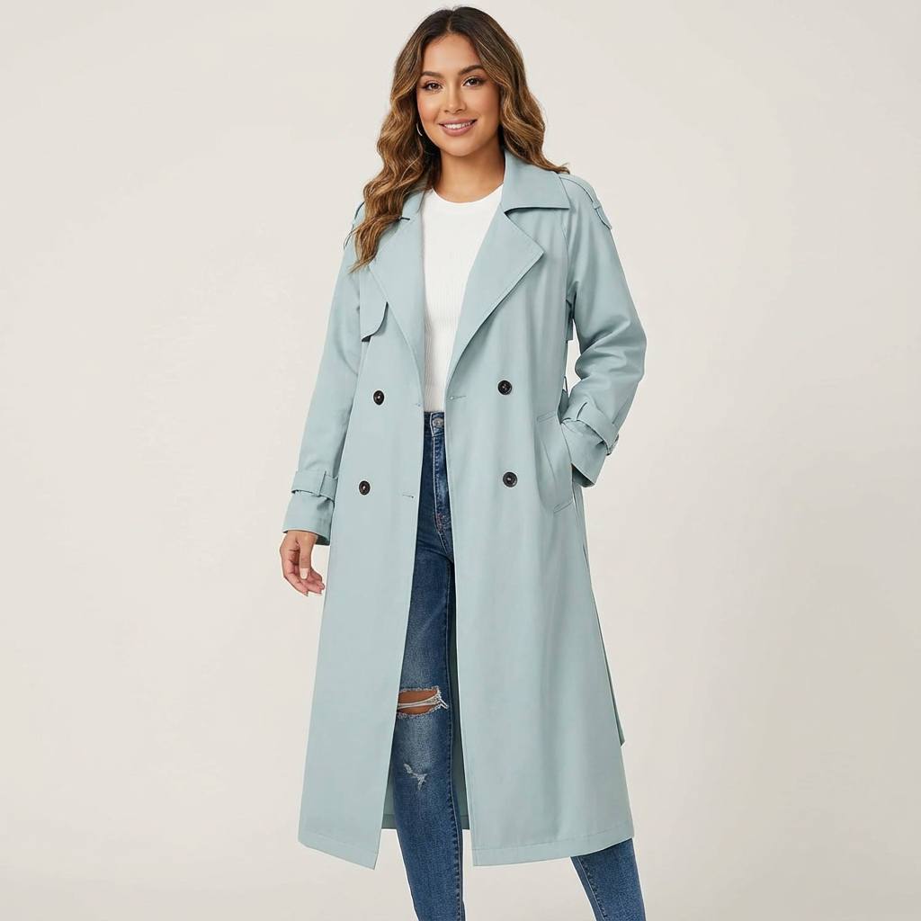Women's Trench Coat – Notched Collar, Double-Breasted, Long Silhouette