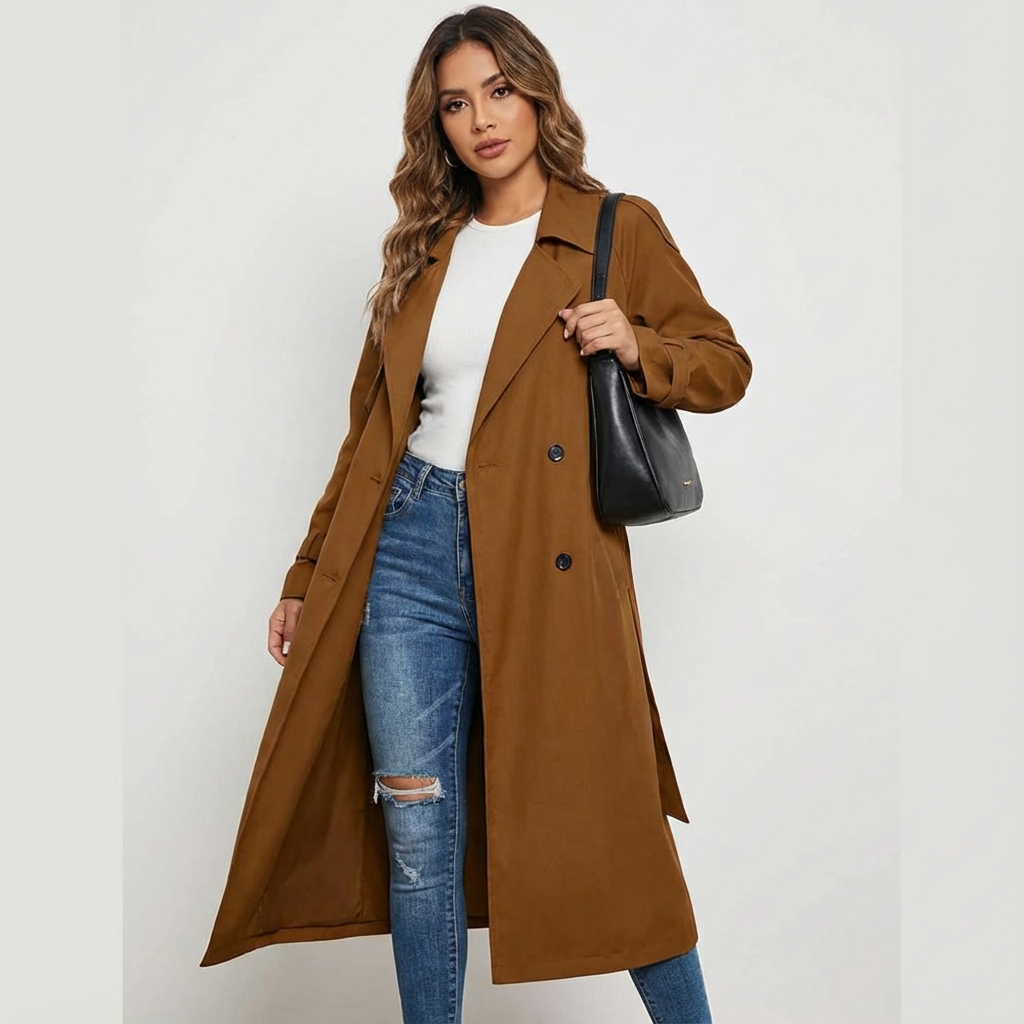 Women's Trench Coat – Notched Collar, Double-Breasted, Long Silhouette