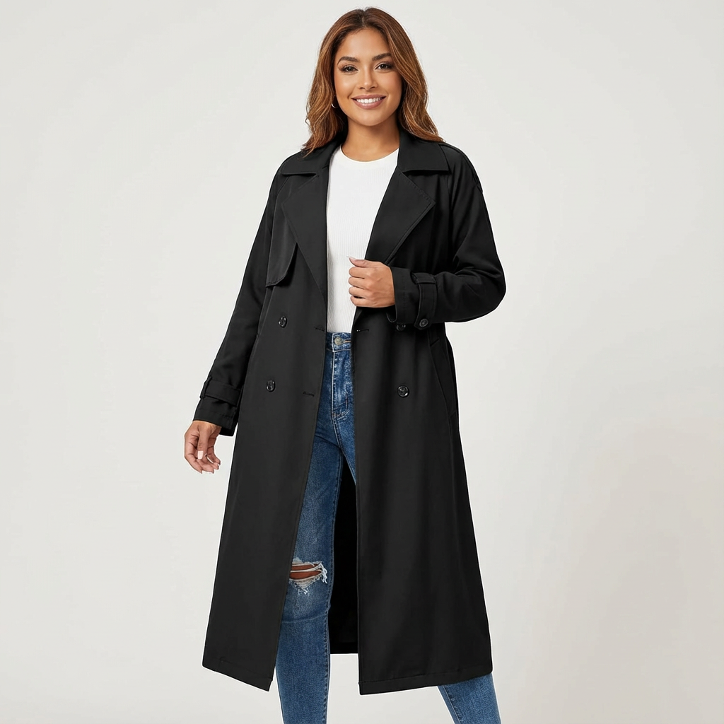 Women's Trench Coat – Notched Collar, Double-Breasted, Long Silhouette