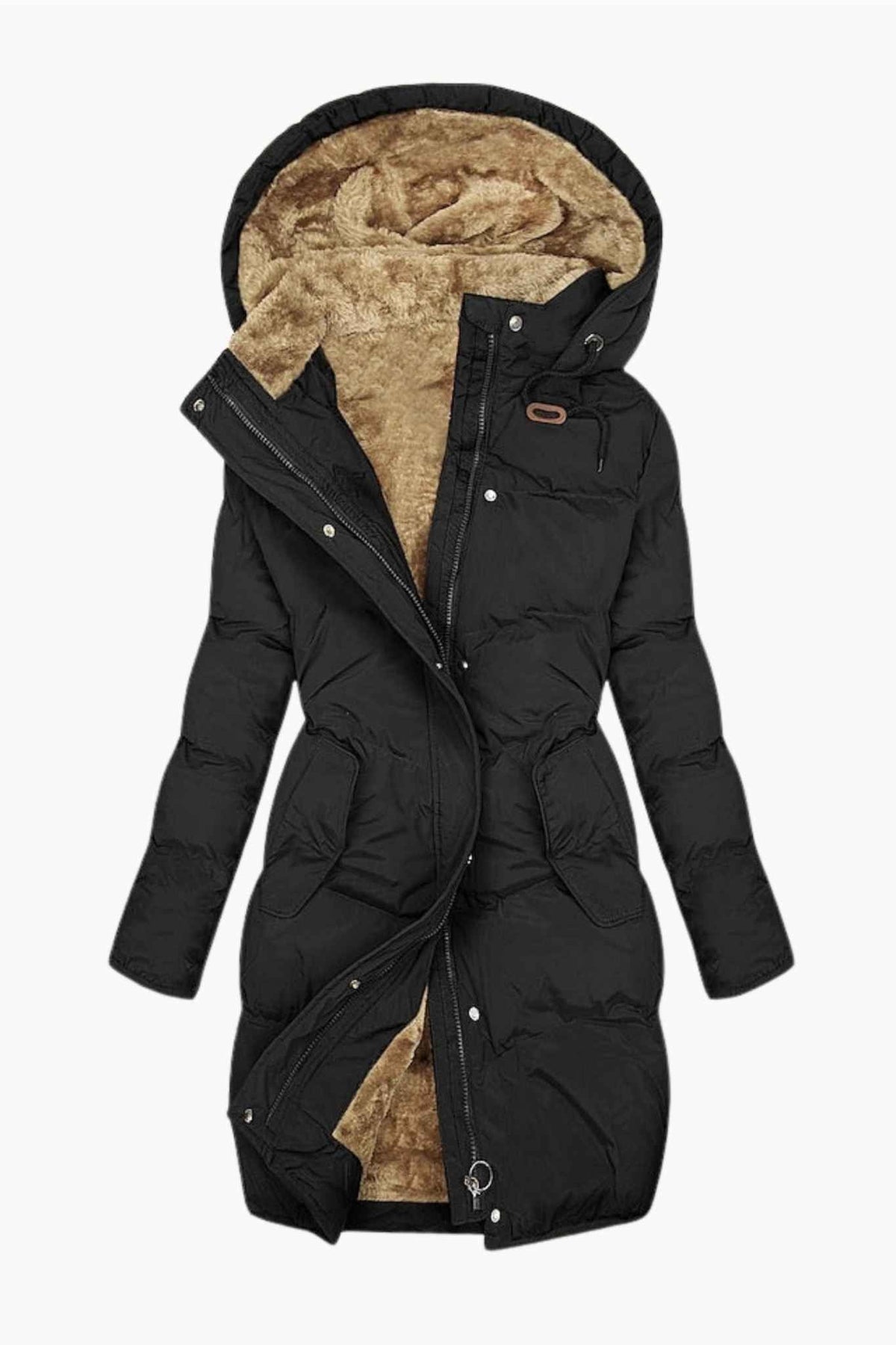 Women's Fleece Coat - Drawstring Hood and Flattering Long Silhouette