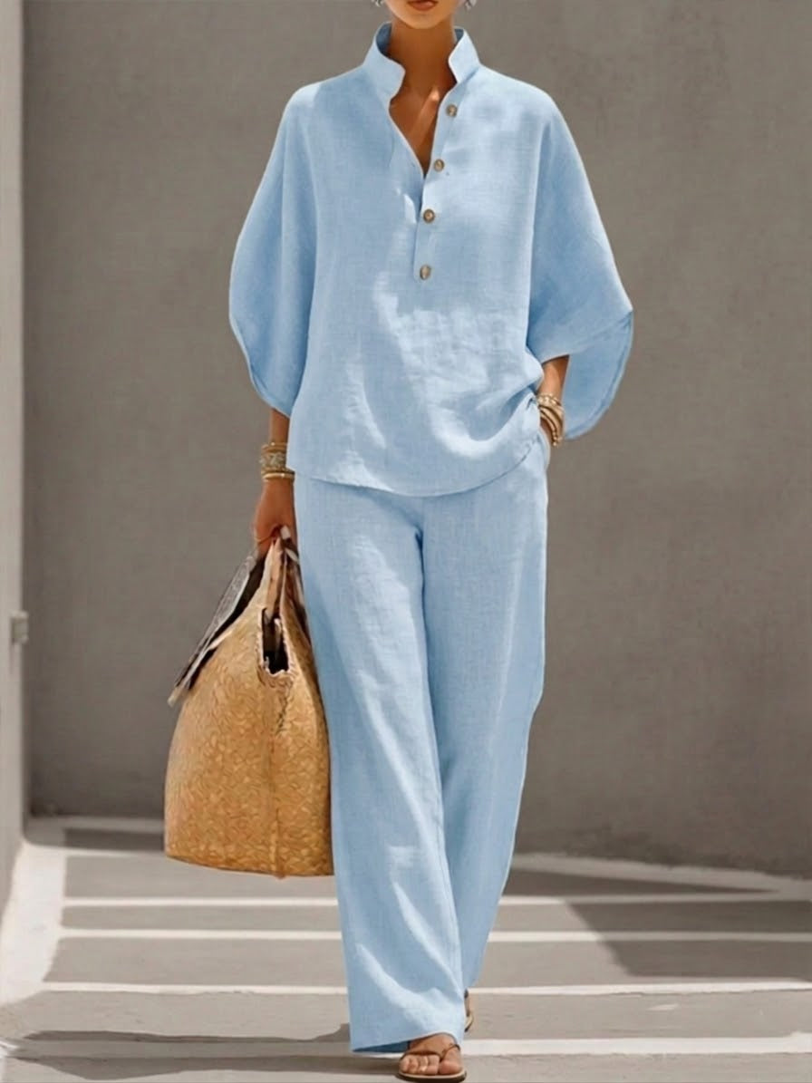Tailleur femme haut ample manches chauve-souris pantalon droit
