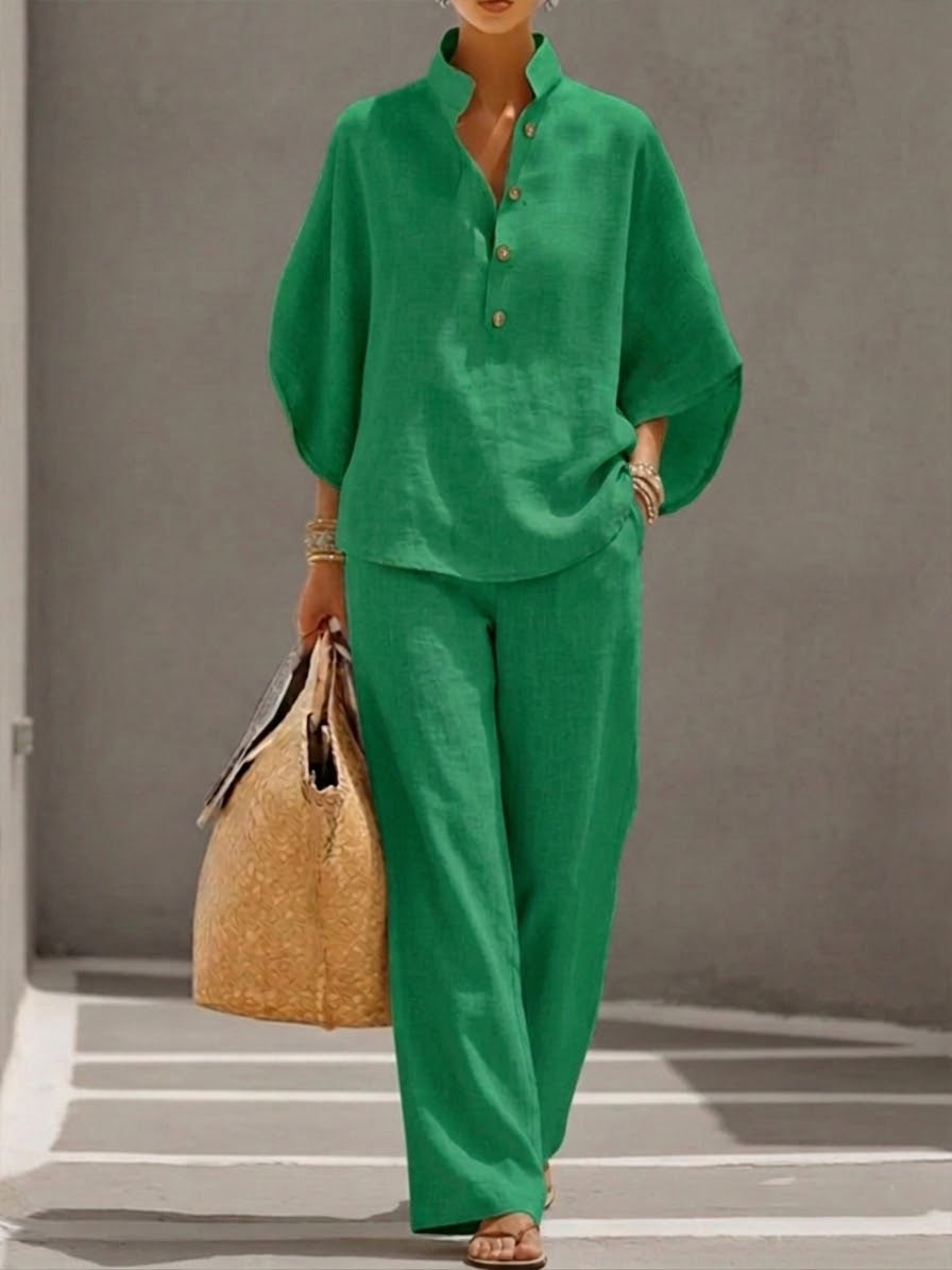 Tailleur femme haut ample manches chauve-souris pantalon droit