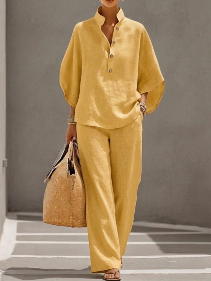 Tailleur femme haut ample manches chauve-souris pantalon droit