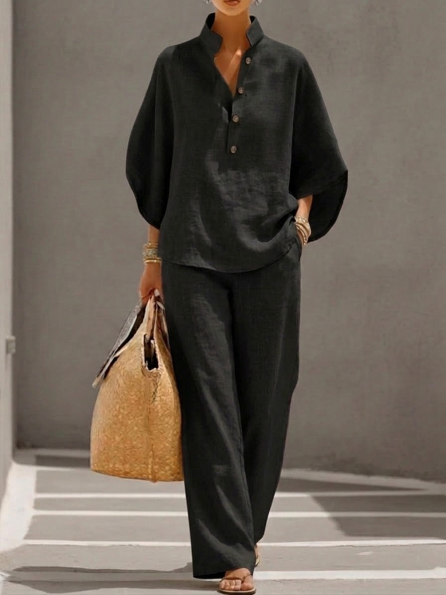 Tailleur femme haut ample manches chauve-souris pantalon droit