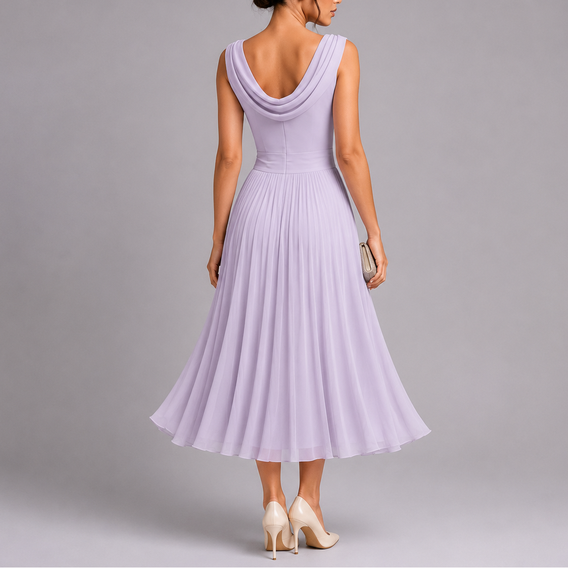Robe Midi Plissée à Col Drapé