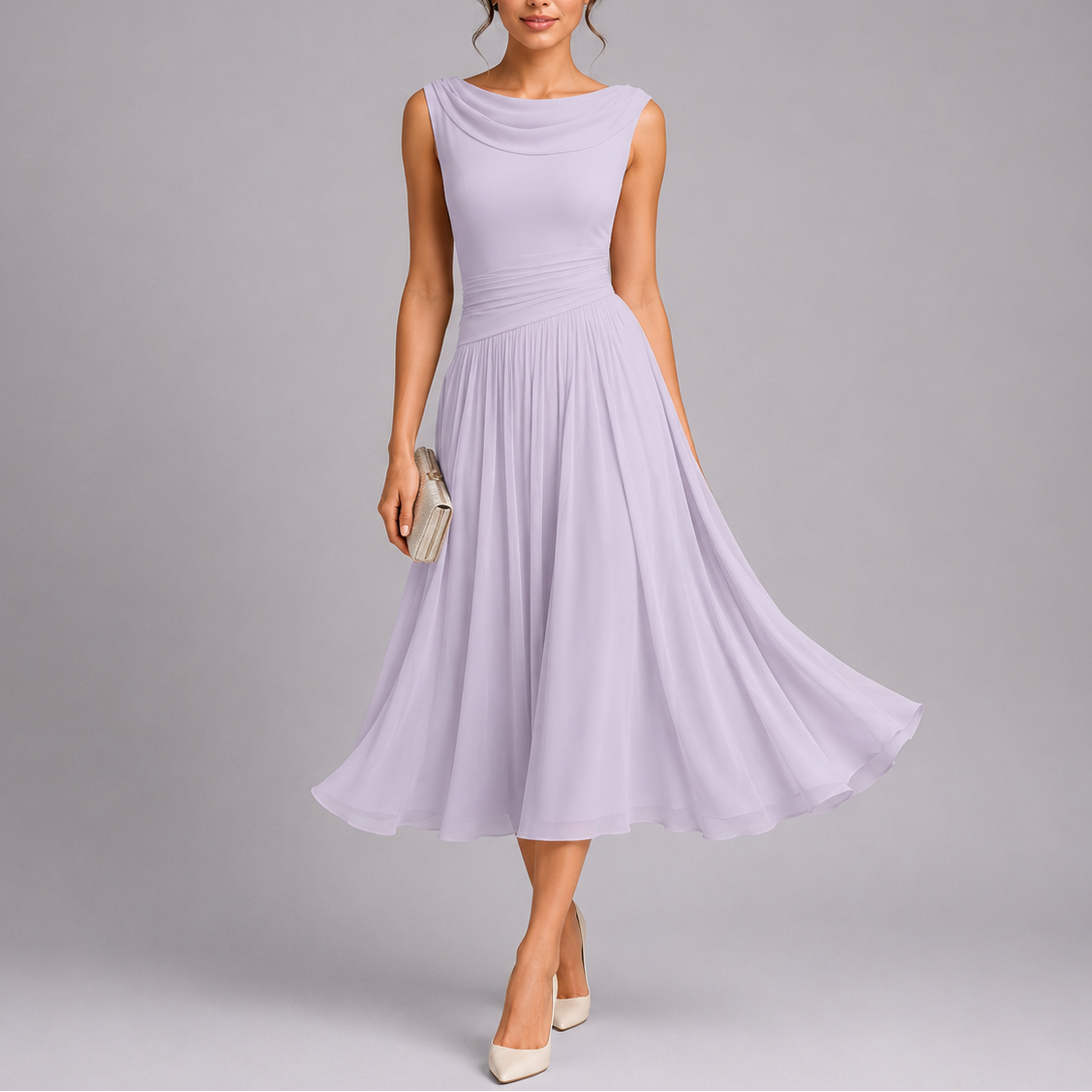 Robe Midi Plissée à Col Drapé