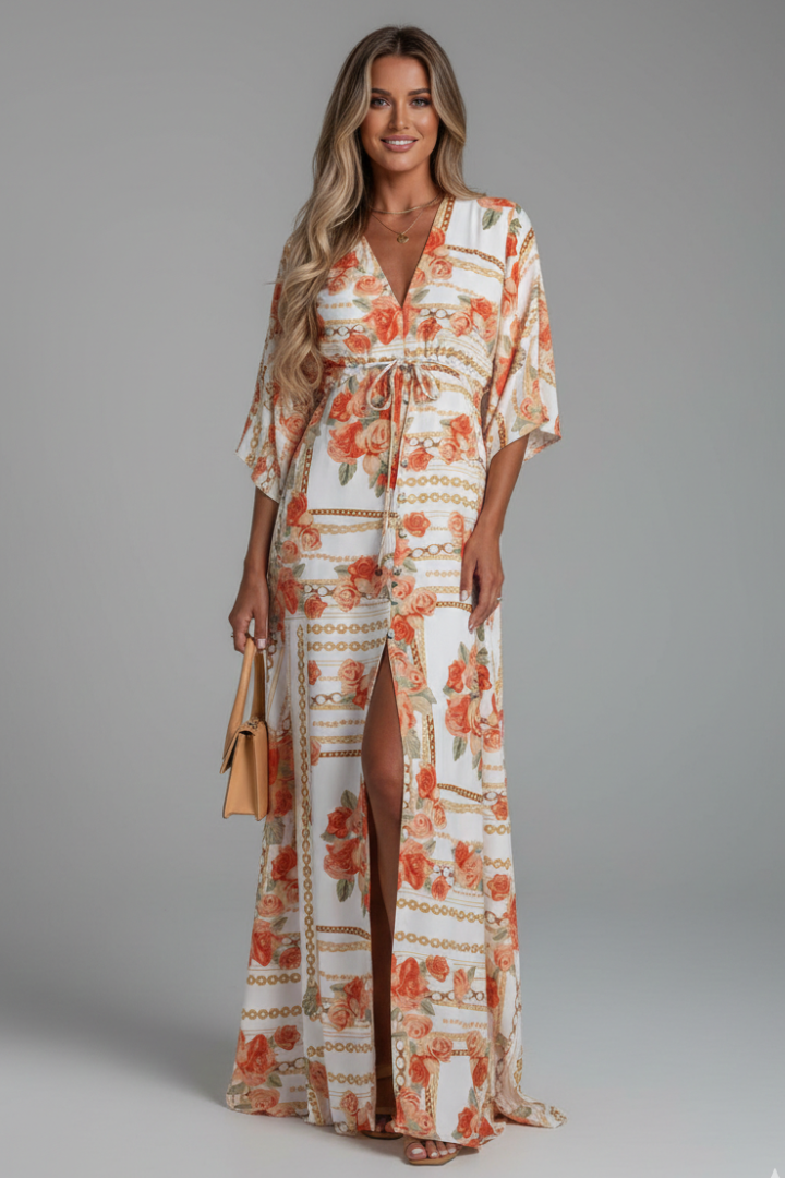 Robe longue pour femme — coupe ample imprimée avec cordon de serrage | vacances