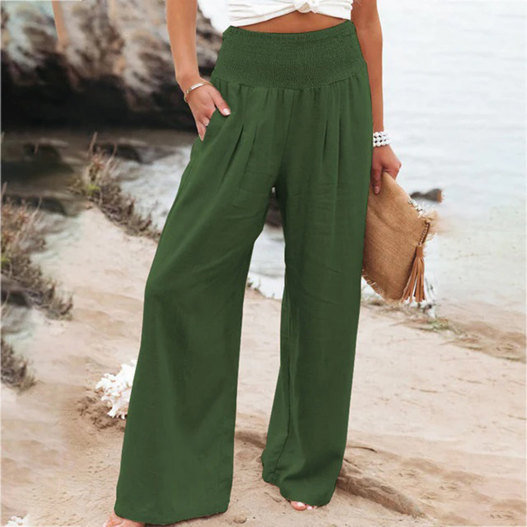 Pantalon femme coupe large taille haute élastique