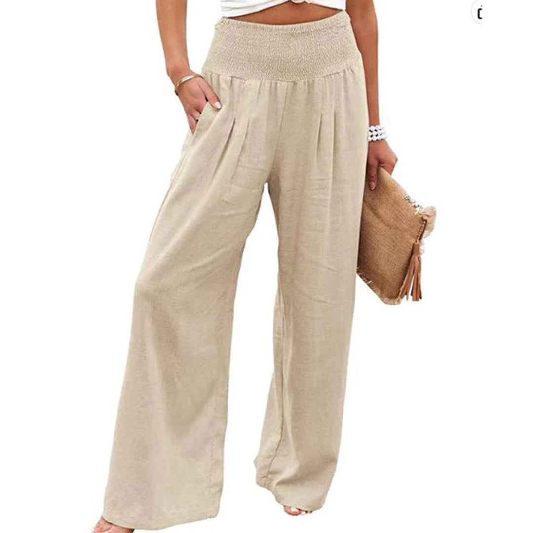Pantalon femme coupe large taille haute élastique
