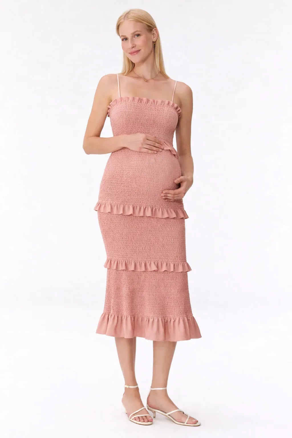 Robe maternité midi smockée à volants