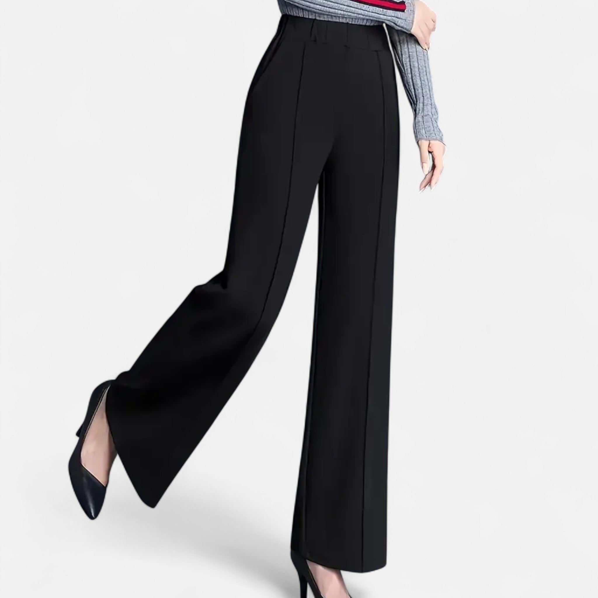 Pantalon Femme – Taille Haute Jambe Large Ourlet Revers Coupe Fluide