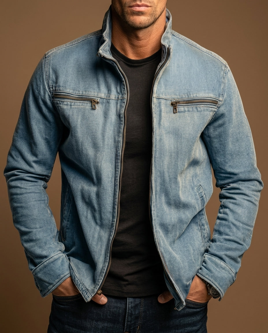 Men's Jacket – Stand Collar, Full-Zip, Zipped Chest Pockets, Vintage Field Style