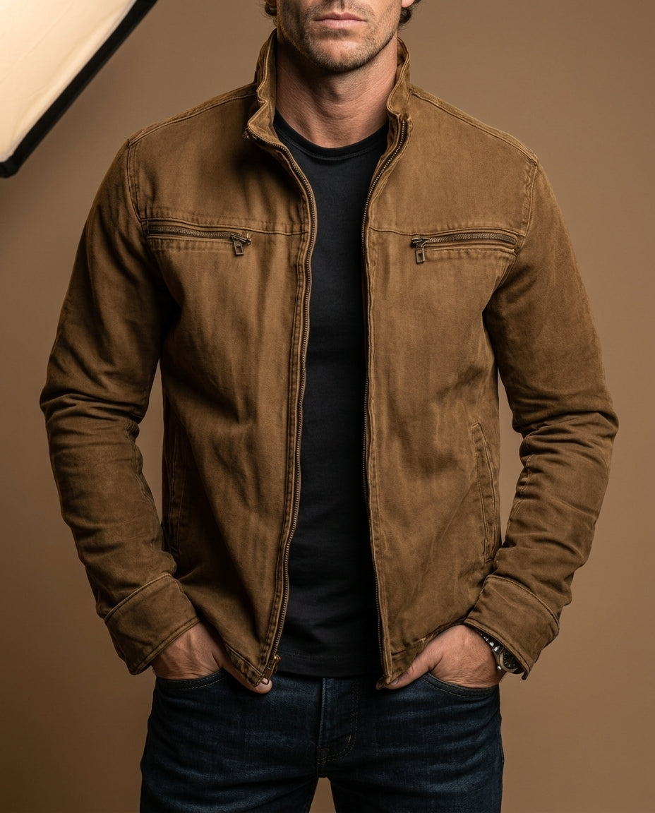 Men's Jacket – Stand Collar, Full-Zip, Zipped Chest Pockets, Vintage Field Style