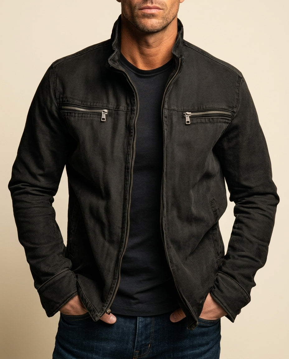 Men's Jacket – Stand Collar, Full-Zip, Zipped Chest Pockets, Vintage Field Style