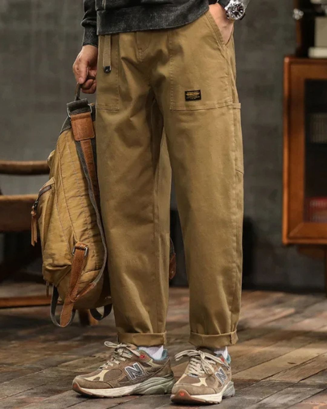 Pánské cargo kalhoty – rovný střih, kapsy s klopami, vintage úprava
