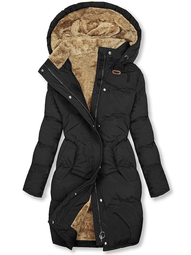 Women's Fleece Coat - Drawstring Hood and Flattering Long Silhouette