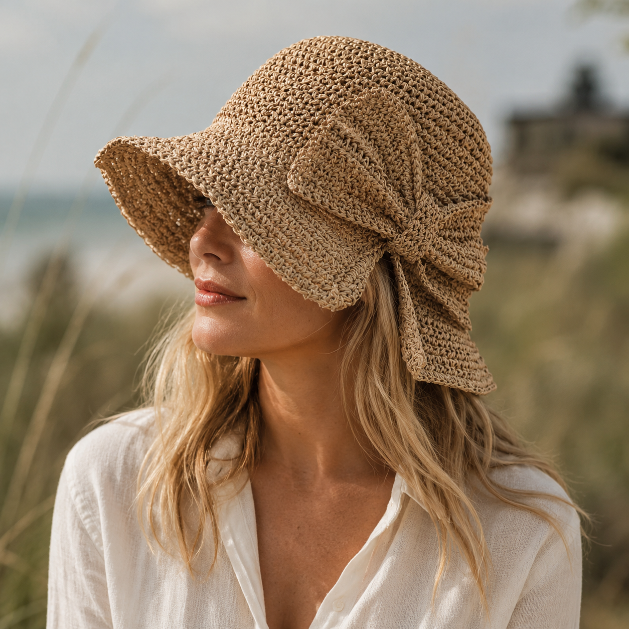 Dámský klobouk bucket hat na slunce - velká měkká mašle - módní na cestování