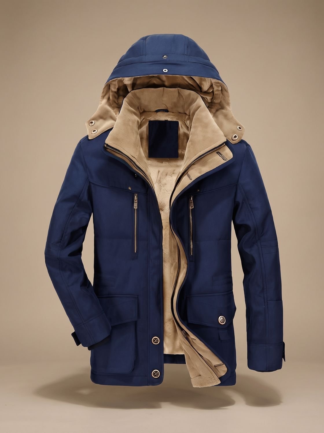 Abrigo acolchado para hombre - capucha desmontable y múltiples bolsillos