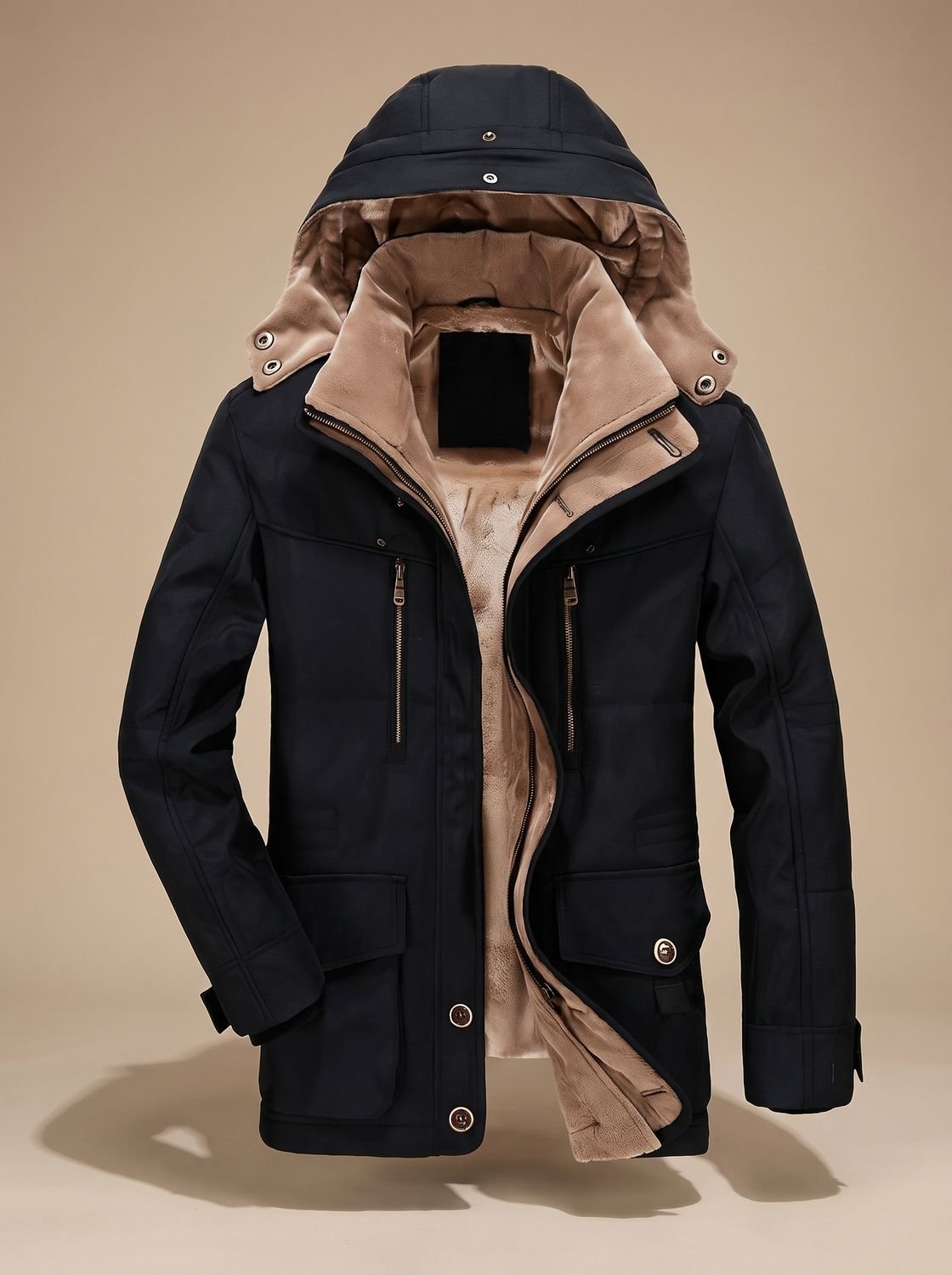 Abrigo acolchado para hombre - capucha desmontable y múltiples bolsillos
