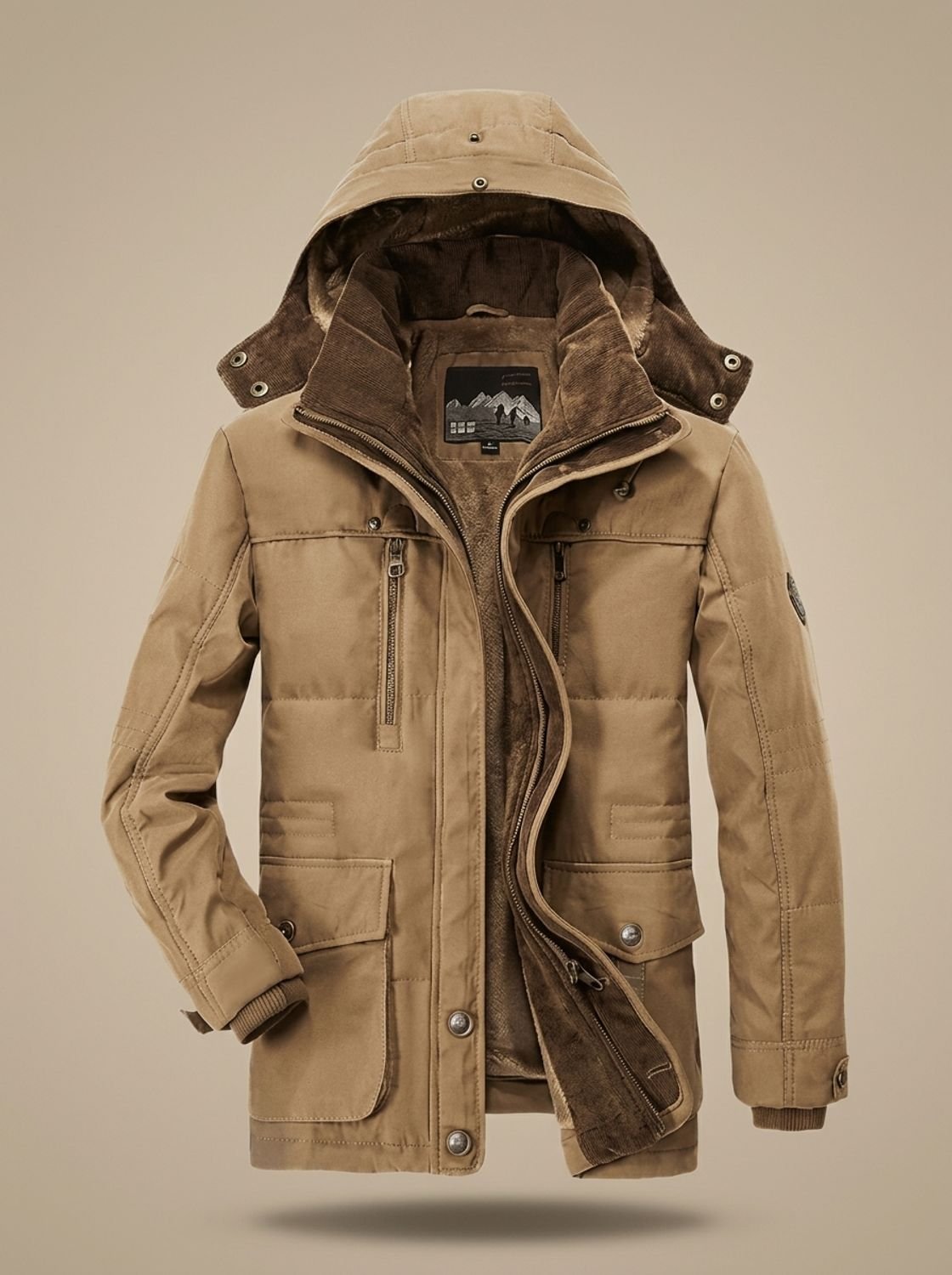 Abrigo acolchado para hombre - capucha desmontable y múltiples bolsillos