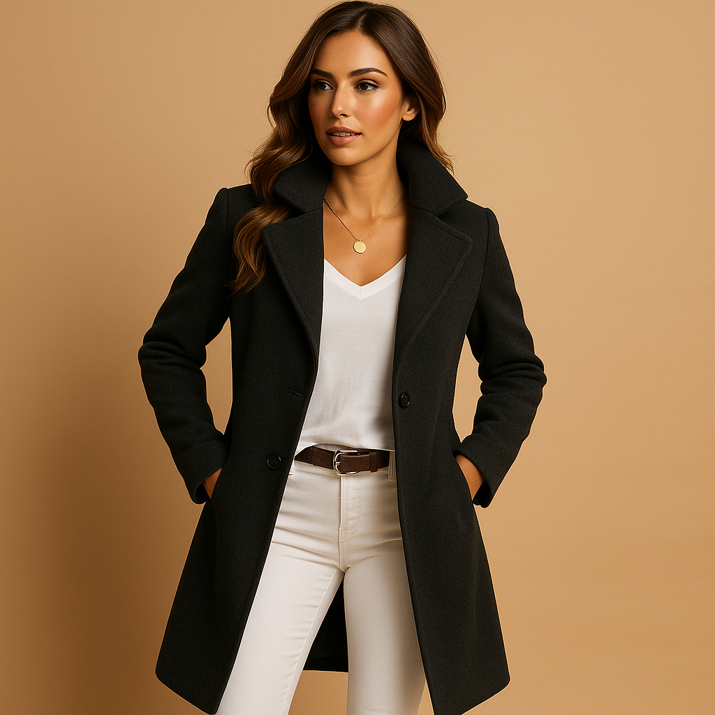Women's Fabric Coat – Classic Collar, Double-Breasted, Long Silhouette