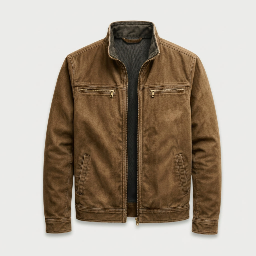 Men's Cotton Jacket – Stand Collar, Full-Zip, Patch Pockets, Utility Style