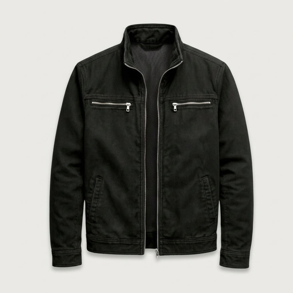 Men's Cotton Jacket – Stand Collar, Full-Zip, Patch Pockets, Utility Style