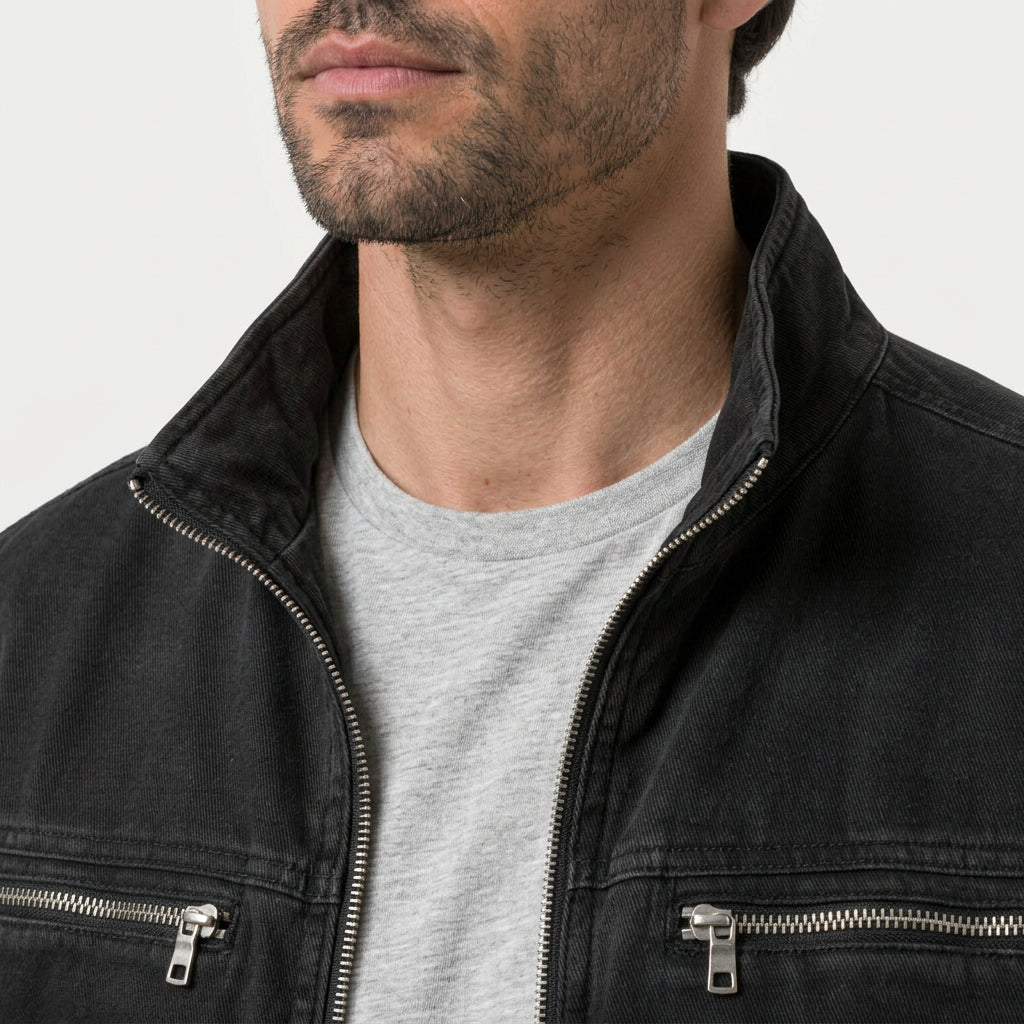 Men's Cotton Jacket – Stand Collar, Full-Zip, Patch Pockets, Utility Style
